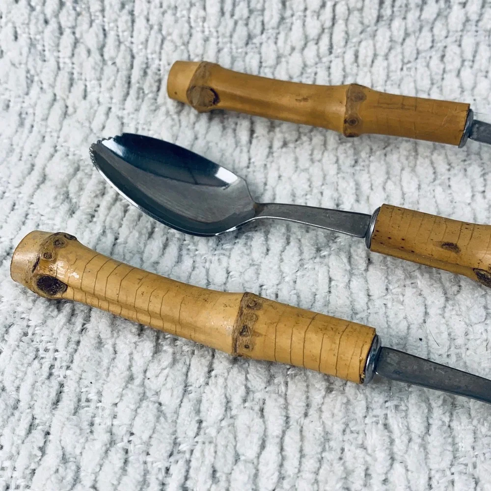 3 Grapefruit Spoons Tan Bamboo Handle Serrated Stainless Tiki Boho Japan Vintage